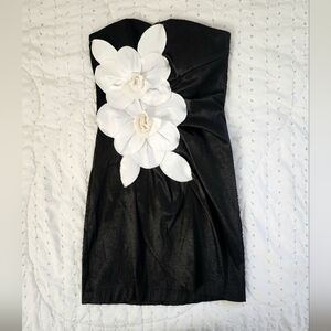 Black strapless dress with 3D flowers